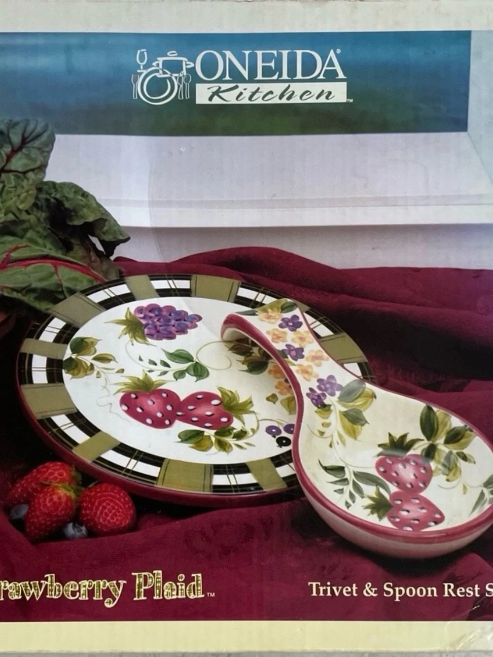 Oneida Kitchen Strawberry Plaid Trivet & Spoon Rest - Red, Green, White NIB
